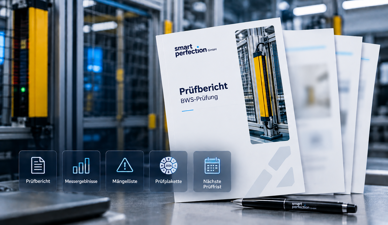 Prüfbericht der smart perfection GmbH zu einer BWS-Prüfung mit Prüfbericht, Messergebnissen, Mängelliste, Prüfplakette und nächster Prüffrist