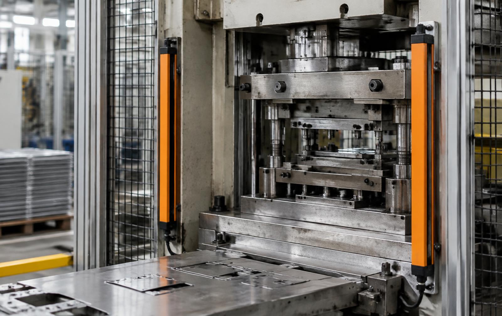 Sicherheitslichtgitter an einer Produktionsmaschine in einer Fertigungshalle