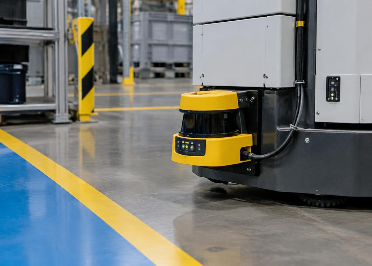 Sicherheits-Laserscanner an einer industriellen Anlage in einer Fertigungshalle